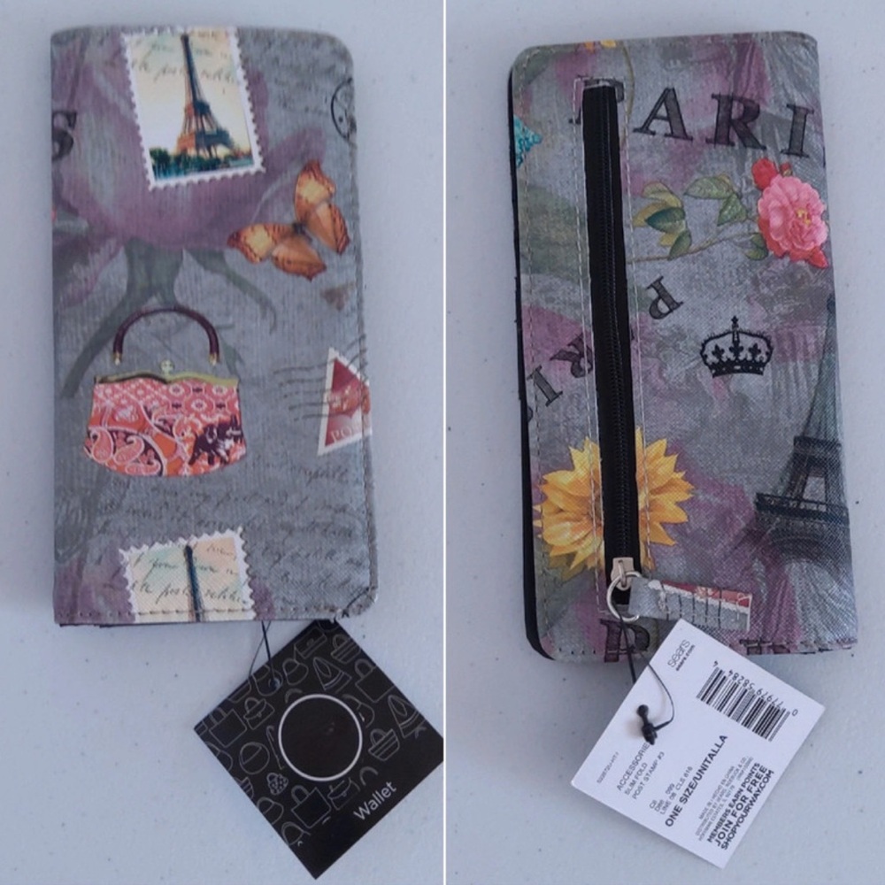 Vintage Slim fold París post stamp Bifold 1 ID Window/Credit Card Holder